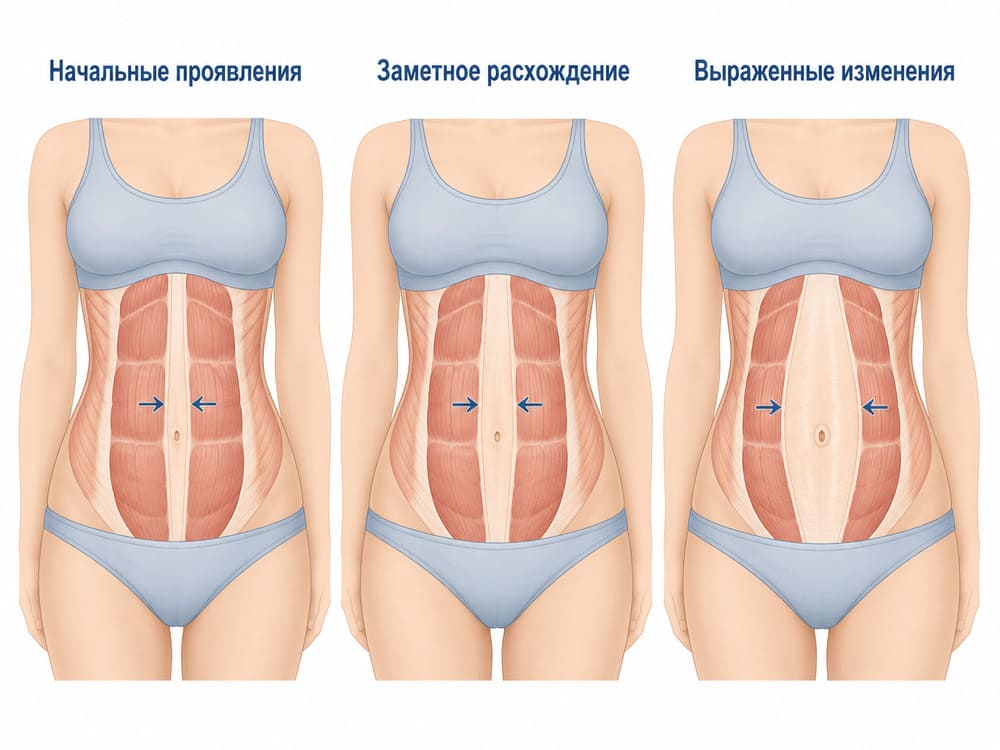 Схема расхождения прямых мышц живота при разных степенях диастаза